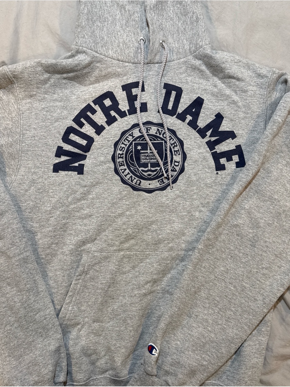 Champion Gray Hoodie with White Tag and Blue Logo